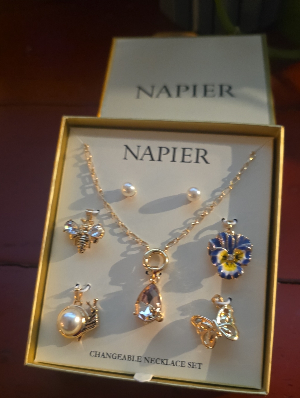 Napier Gold-Tone Necklace Set with Blue & Yellow Enamel Flower and Pearl Charms